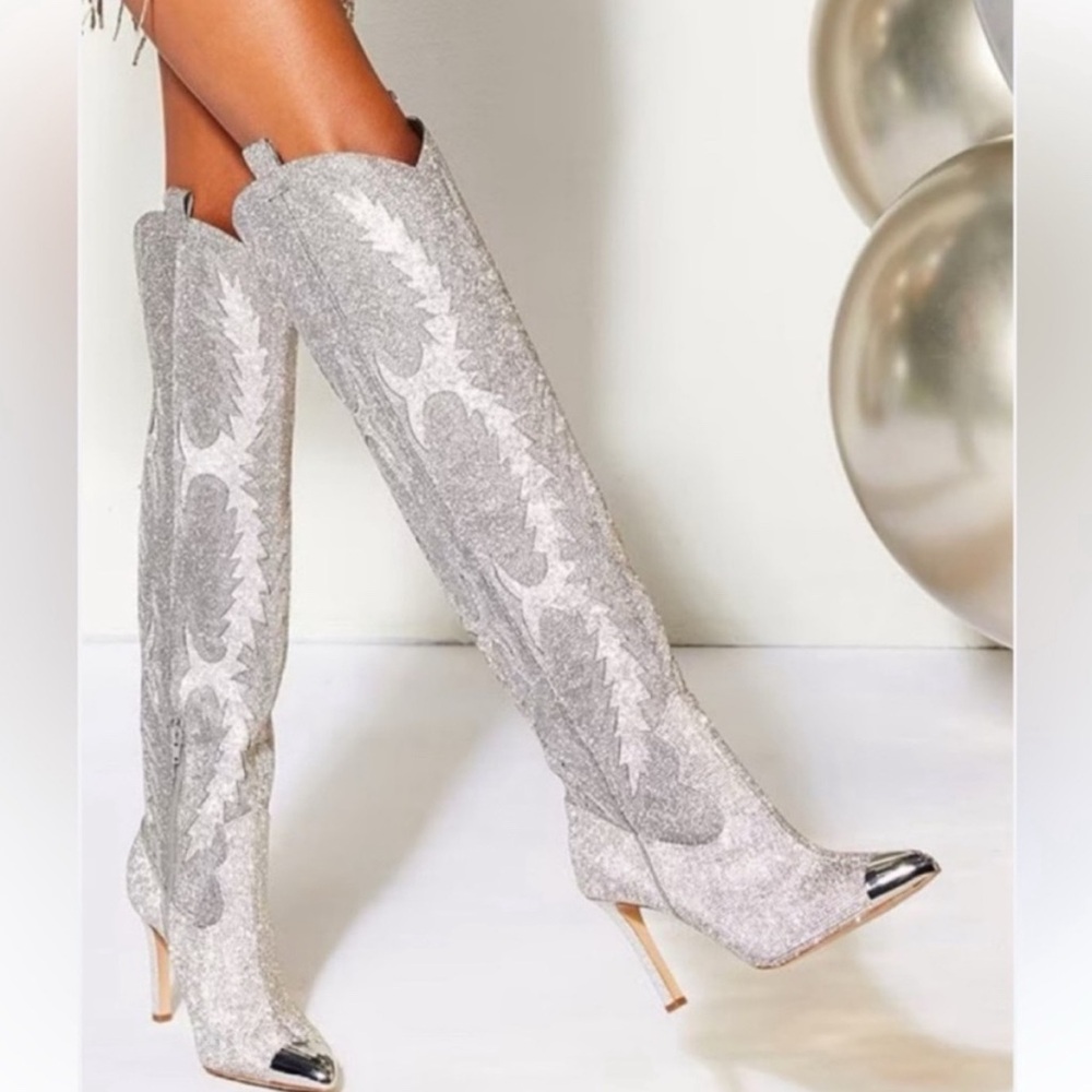 Elegant Silver Knee-High Heeled Boots